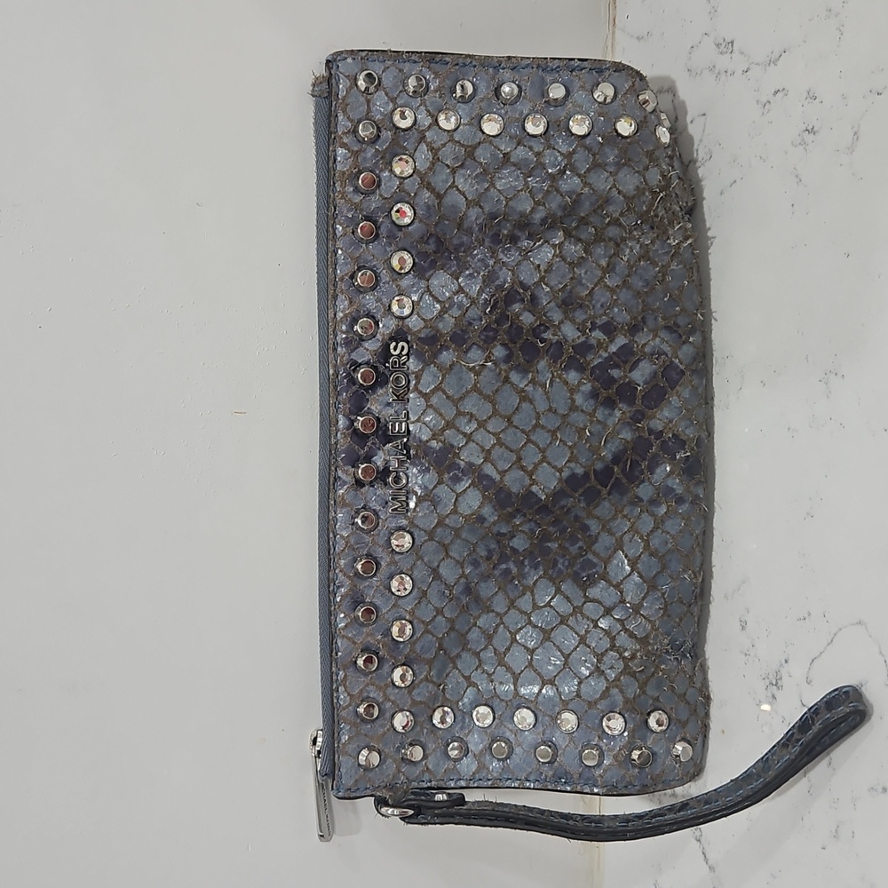 Michael Kors Blue Snakeskin Studded Wristlet, Leather